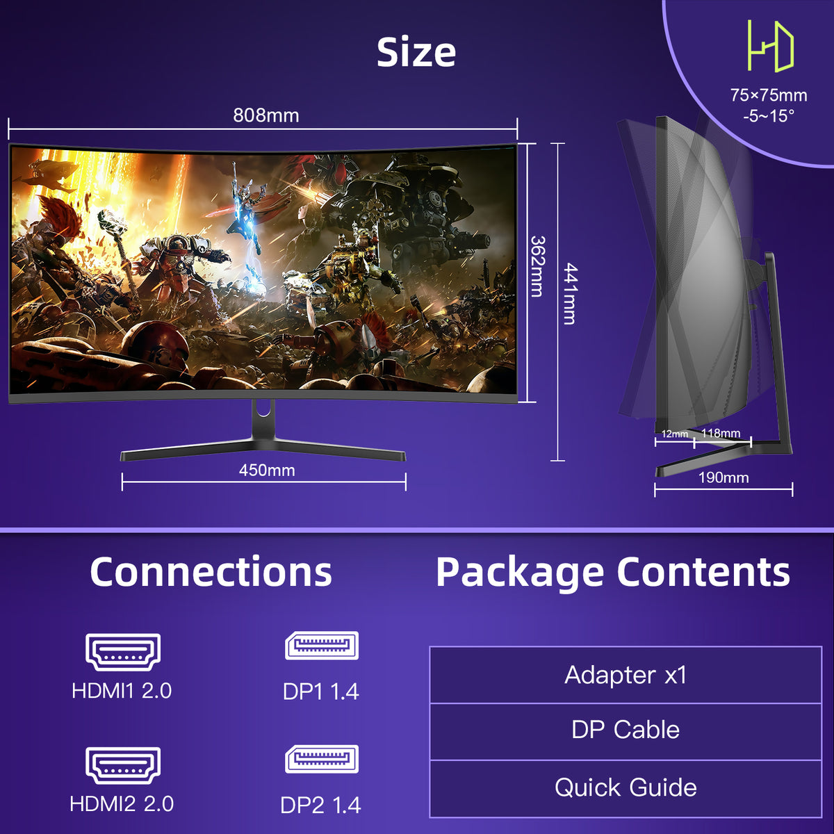 AMZG34C5Q, 34 Zoll Ultrawide Curved Gaming Monitor 165Hz UWQHD