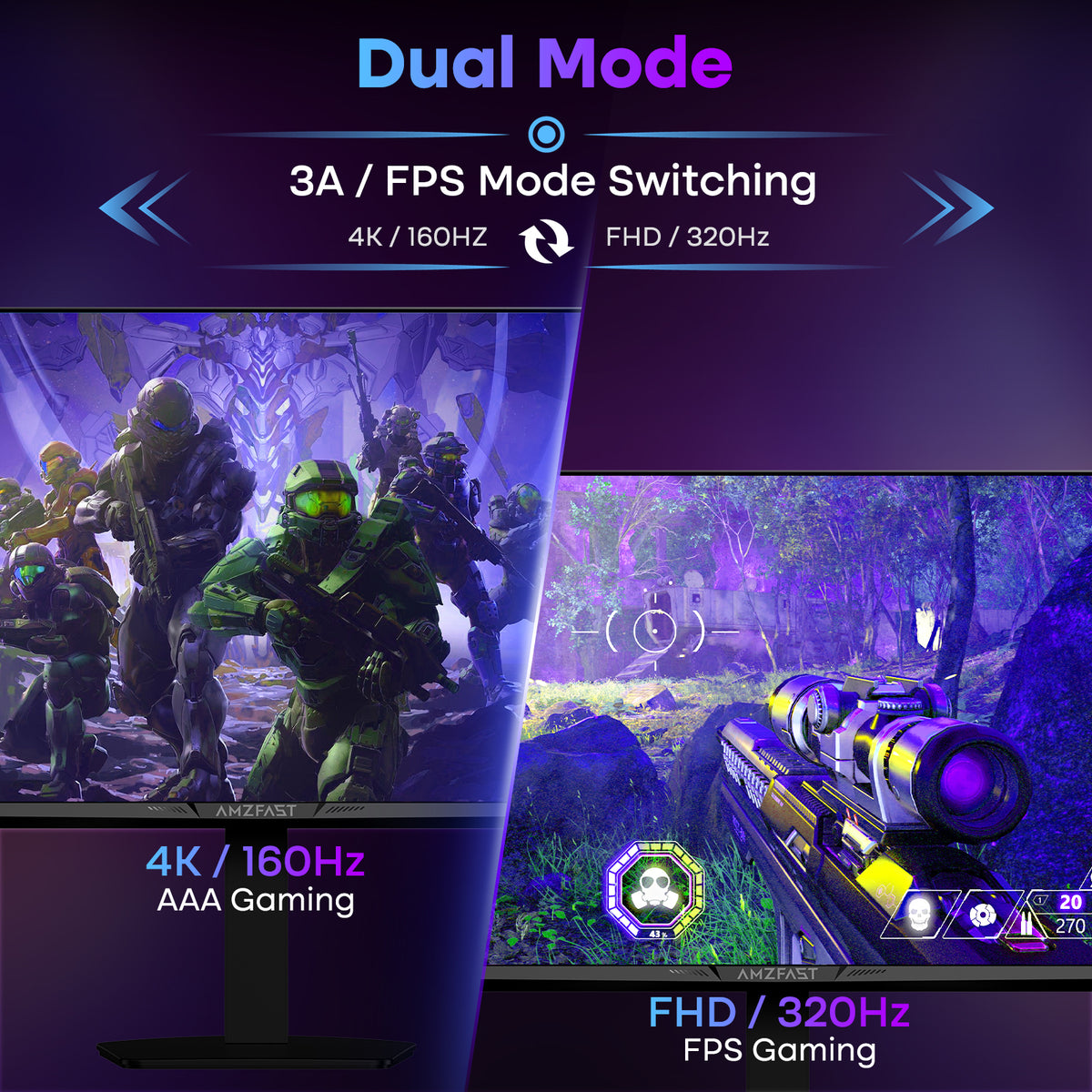 AMZG27F6U, 27" 4K Dual Mode Gaming Monitor UHD 160Hz or FHD 320Hz