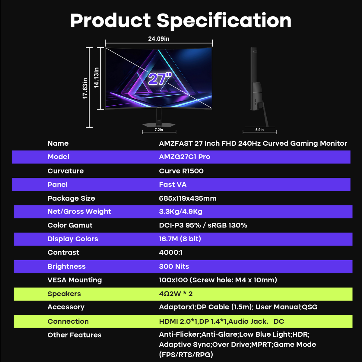 AMZG27C1 Pro, 27" Curved Gaming Monitor FHD 240Hz