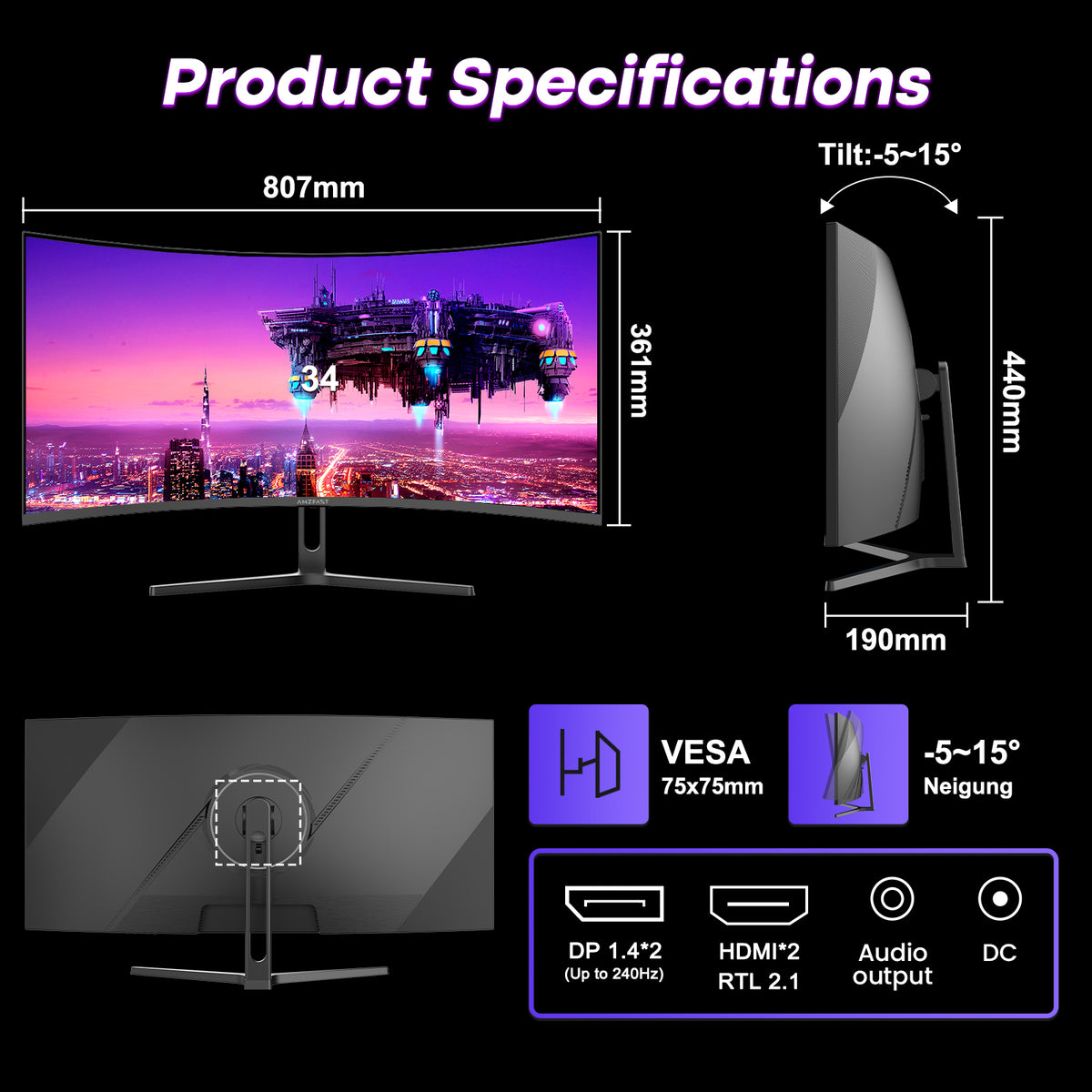 AMZG34C5Q Pro, 34inch Curved Gaming Monitor 240Hz UWQHD