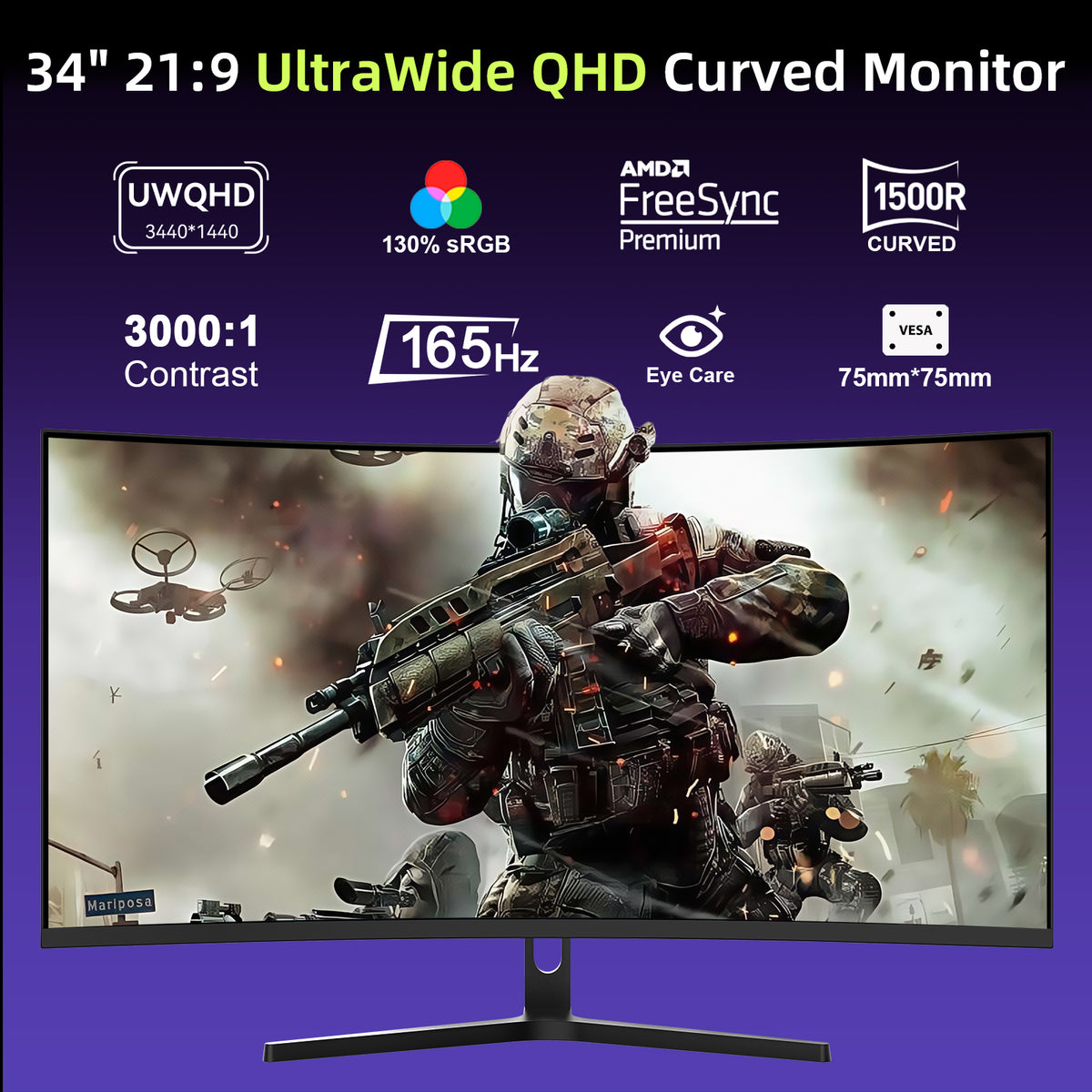 ‎AMZG34C5Q, 34" Ultrawide Curved Gaming Monitor 165Hz UWQHD