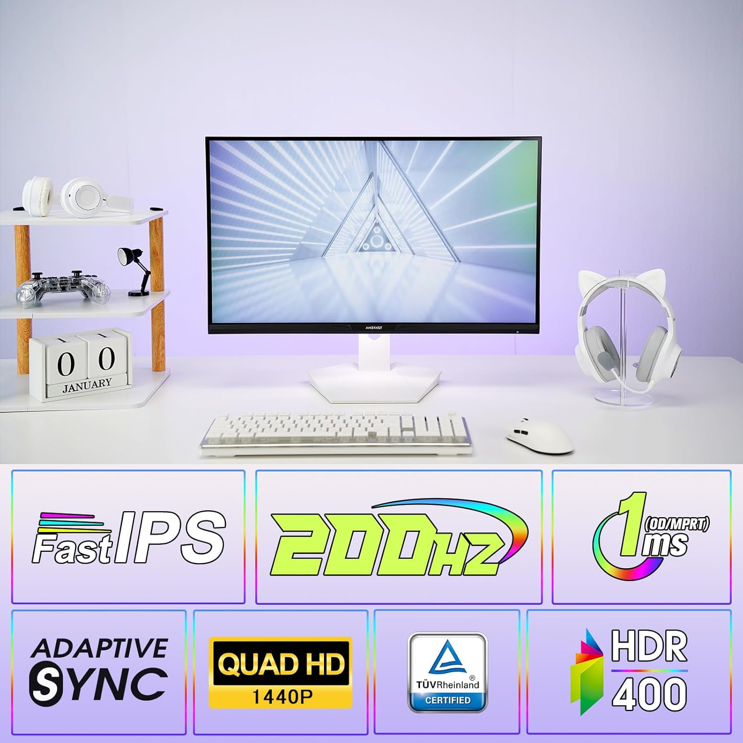 AMZFast 白 ゲーミングモニター 27インチ WQHD 200Hz Fast IPS HDR400