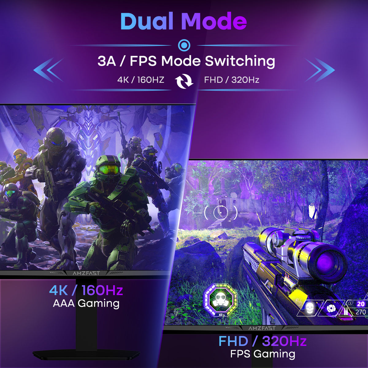 AMZG27F6U, 27 Zoll 4K Dual-Modus Gaming Monitor 160Hz UHD / 320Hz FHD