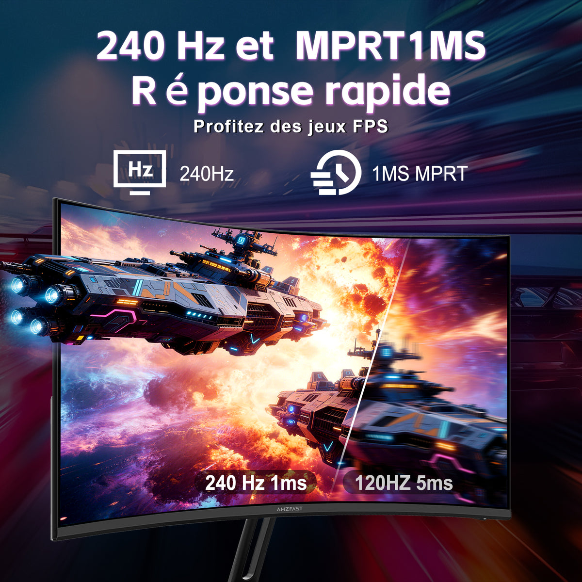 Amzfast AMZG24C1 Pro, 24" Écran PC Gamer Incurvé 240Hz FHD
