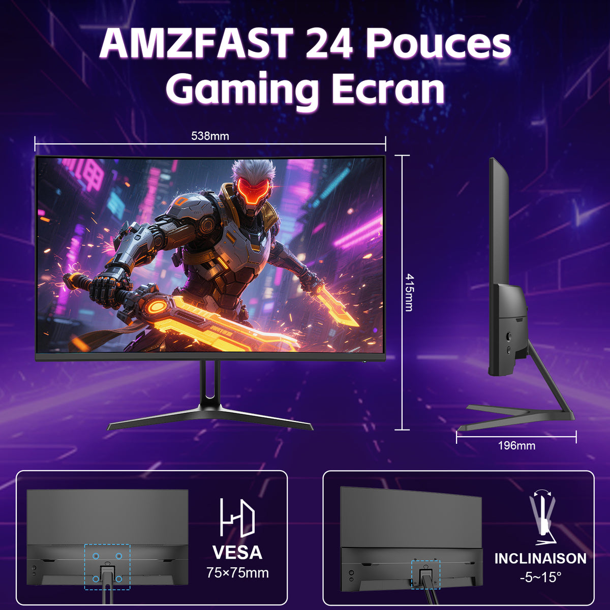 Amzfast AMZG24C1 Pro, 24" Écran PC Gamer Incurvé 240Hz FHD